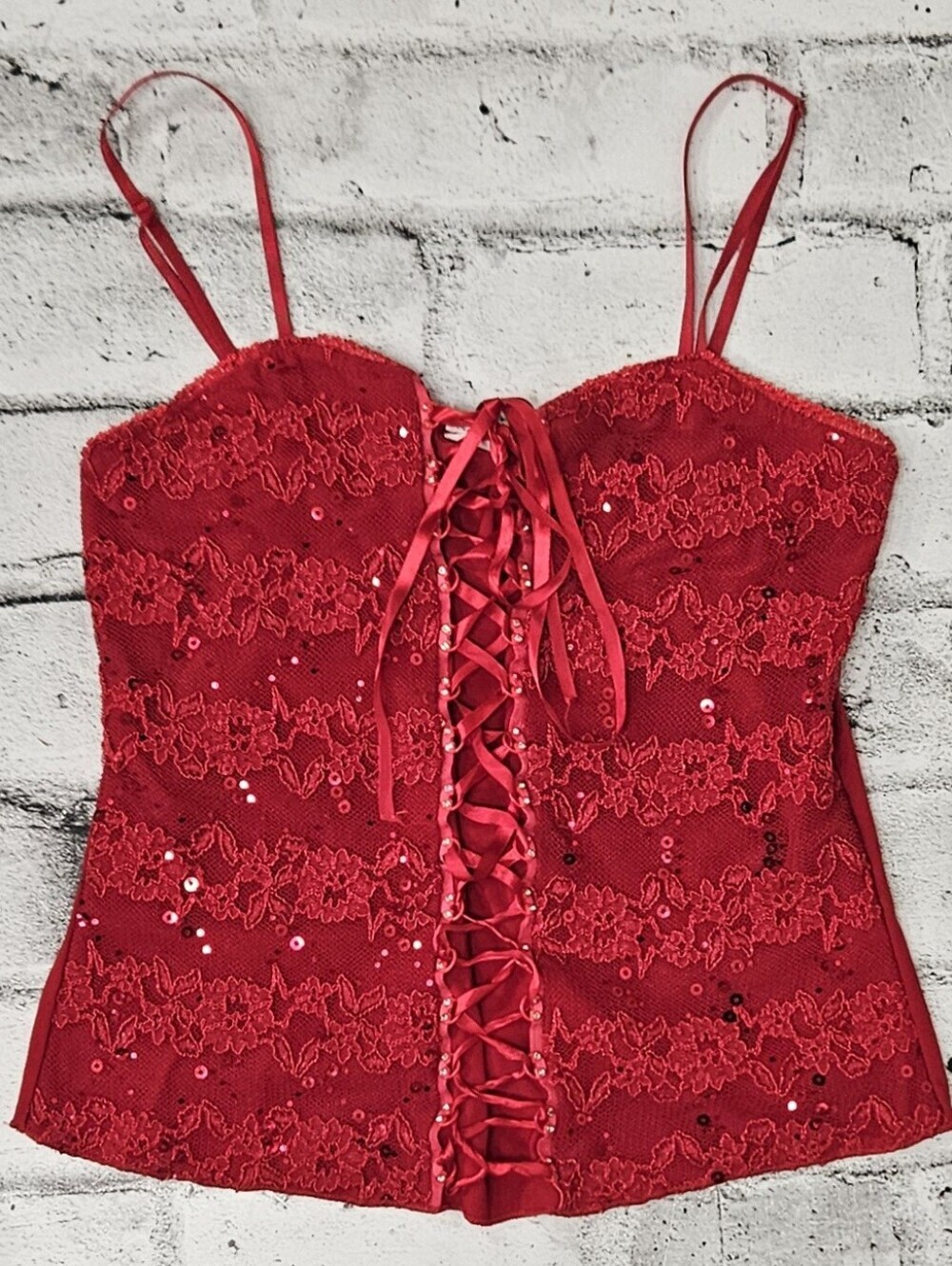 Cressong Red Sequin Lace Corset Camisole Y2K Party Club Top